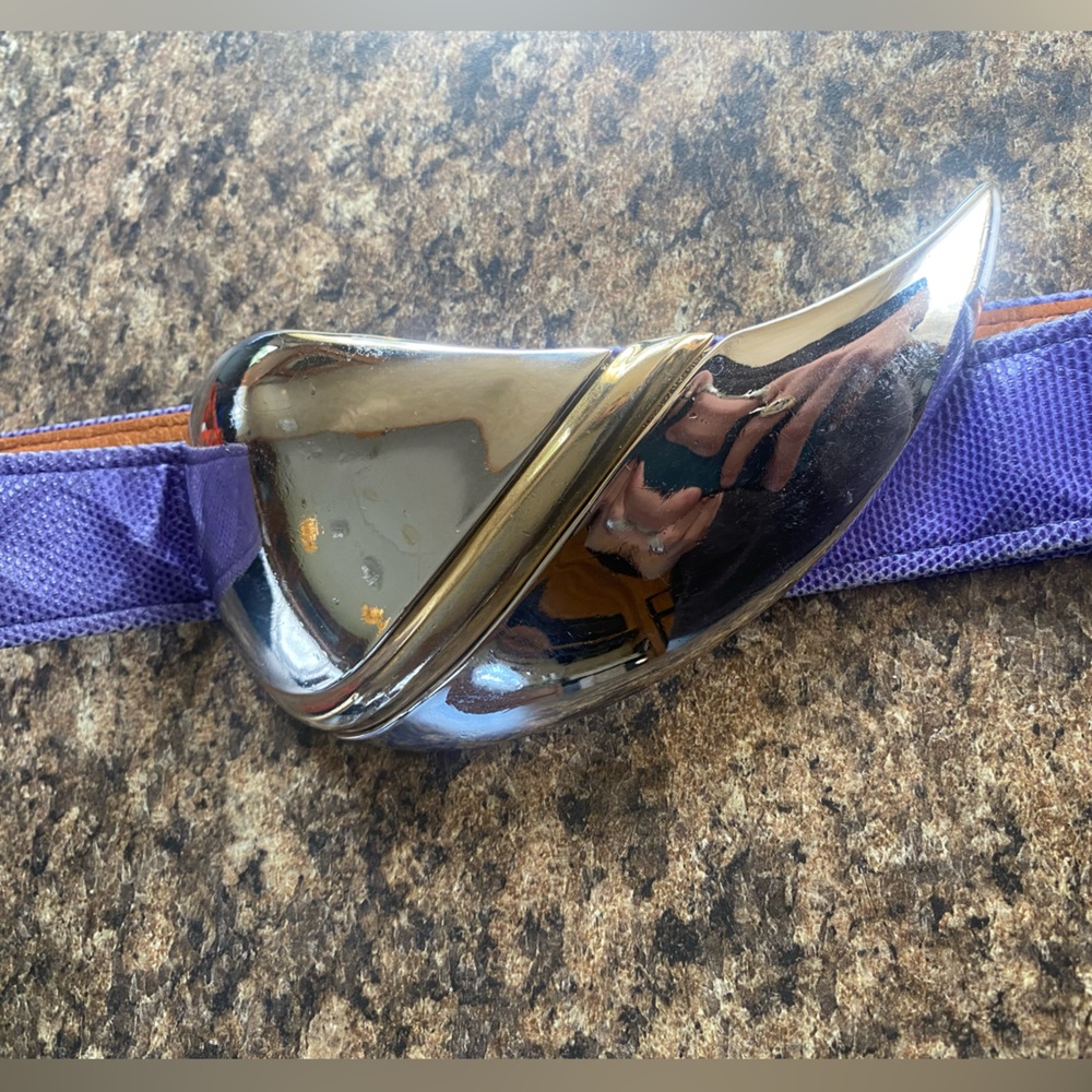 Alexis Kirk Blue and Silver Belt Buckle Adjustable Vintage 80s Leather Metallic - Picture 3 of 5